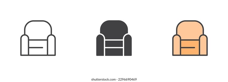 Sessel im Stil von anderen Symbolen gesetzt. Linie, Glyph und gefüllte Umrissversion, Umriss und ausgefülltes Vektorzeichen. Symbol, Logo-Abbildung. Vektorgrafik