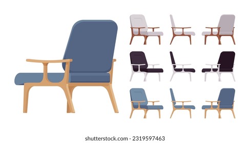 Armchair fabric furniture, upholstered wooden lounge chair big set. Studio, public waiting area, living room seating comfort. Vector flat style cartoon home, office pieces isolated on white background
