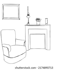 Armchair And Fireplace Sketch. Home Interior. Sketch. Relax