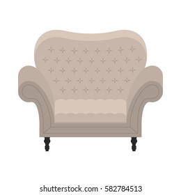 Armchair in flat style. Comfort vintage beige chair for luxury interior. Classic retro furniture - grey seat for relax. Vector illustration isolated on white background.