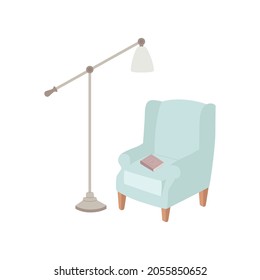 Armchair with a floor lamp and a book, the concept of coziness and comfort, vector .