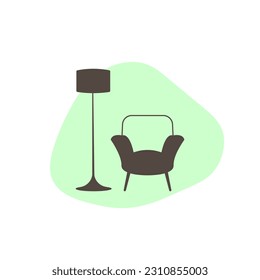 Armchair and floor lamp icon in flat style. Furniture vector icon on abstract figure background