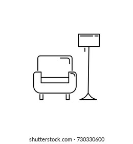 Armchair and floor lamp icon on white background