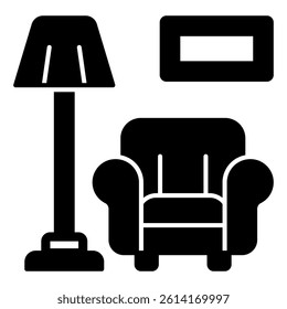 Armchair, floor lamp and picture solid icon, house interior concept. Vector graphics. Chair with lamp and painting sign on white background, glyph style mobile or design
