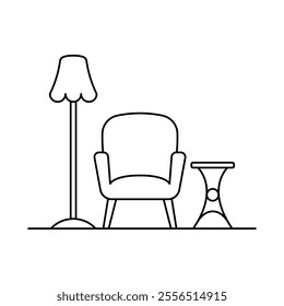 Armchair, floor lamp and table icon. Black outline linear silhouette. Editable strokes. Front side view. Vector simple flat graphic illustration. Isolated object on white background. Isolate.