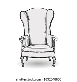 Armchair, front perspective.  A sketch drawn by hand with pen and ink. Isolated on white background. Vector graphics. Handmade work.