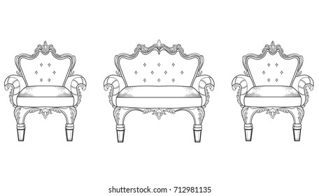 Armchair furniture with luxurious ornaments. Vector French Luxury rich intricate structure. Victorian Royal Style decors