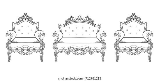 Armchair furniture with luxurious ornaments. Vector French Luxury rich intricate structure. Victorian Royal Style decors