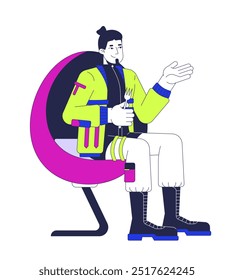 Armchair futuristic man fork holding 2D cartoon character. Caucasian techwear guy ready to eat isolated person flat vector on white background. Hungry male gesturing. Spot illustration colorful