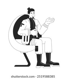 Armchair futuristic man fork holding black and white 2D line character. Caucasian techwear guy ready to eat isolated vector outline person. Hungry male gesturing. Monochromatic spot illustration