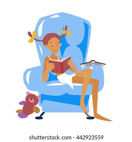 Armchair and girl with book in flat style. Vector illustration