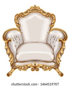 Armchair gold ornamented Vector watercolor. Baroque rich wooden carves decor. Victorian luxury furniture. Painted style