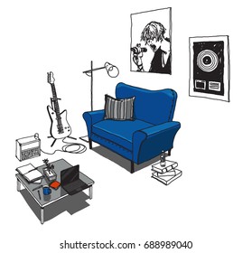Armchair, guitar, computer. Vector hand-drawn sketch.