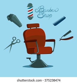 armchair hairdresser and barber instruments, cartoon style, vector illustration, barbershop