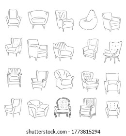 Armchair hand drawn outline doodle icon. Soft armchair with cushion. soft chair, vector sketch illustration