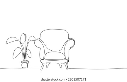 Armchair and home plant isolated on white background. One line continuous interior of room. Line art armchair. Outline, vector illustration.