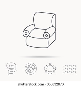 Armchair icon. Comfortable furniture sign. Global connect network, ocean wave and chat dialog icons. Teamwork symbol.