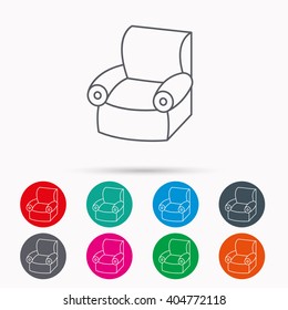 Armchair icon. Comfortable furniture sign. Linear icons in circles on white background.