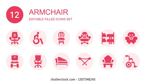armchair icon set. Collection of 12 filled armchair icons included Desk chair, Disabled, Chair, Bunk, Divan, Folding chair, Throne, Furniture, Wheelchair