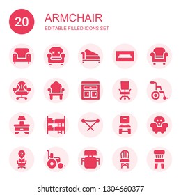 Armchair Icon Set. Collection Of 20 Filled Armchair Icons Included Armchair, Divan, Tv Table, Desk Chair, Throne, Furniture, Wheelchair, Bedside Table, Bunk, Folding Chair, Chair