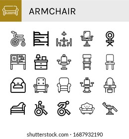 Sessel-Symbol-Set. Sofa-Kollektion, Rollstuhl, Etagenbett, Esstisch, Stuhl, Dressing-Tisch, Nachttisch, Nachttisch, Sessel, Diwan, Symbole für behinderte Personen