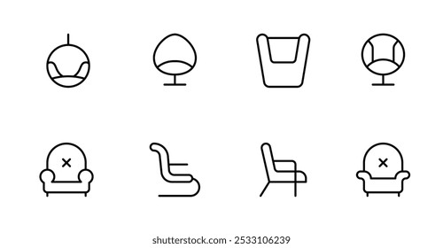 Sessel-Symbol, Sofa, Bürostuhl-Symbol, Vektorsatz-Design mit editierbarem Strich. Line, Solid, Flat Line, dünner Stil und Geeignet für Web Page, Mobile App, UI, UX-Design.