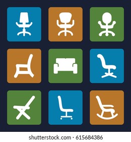 Armchair icons set. set of 9 armchair filled icons such as office chair, outdoor chair, sofa