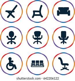 Armchair icons set. set of 9 armchair filled icons such as disabled, chair, office chair, outdoor chair