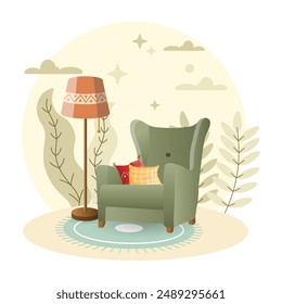 Armchair illustration. Lampshade,pillows, torchere, chair. Editable vector graphic design.