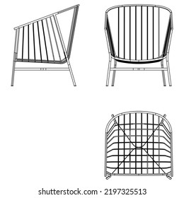 Armchair isolated lines on white background, vector illustration. Front, side, top view. Set of different views of modern armchair.