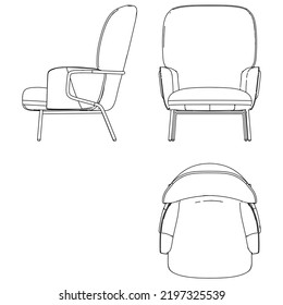 Armchair isolated lines on white background, vector illustration. Front, side, top view. Set of different views of modern armchair.