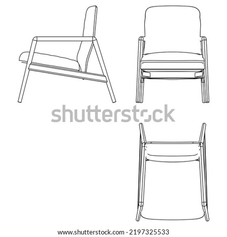 Armchair isolated lines on white background, vector illustration. Front, side, top view. Set of different views of modern armchair.