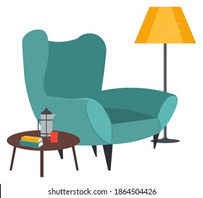 Armchair, lamp and books with coffee press on the table. Living room furniture design, modern home interior elements. Contemporary furniture for living room or home office. Modern chair place to relax