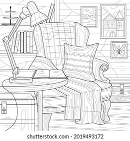  Armchair and lamp on the table.Coloring book antistress for children and adults. Illustration isolated on white background.Zen-tangle style. Hand draw