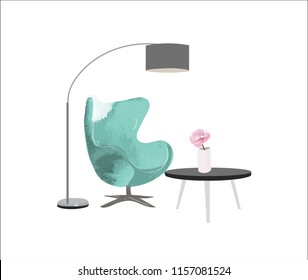 armchair and lamp watercolor illustration for interior design. hand drawn furniture vector. 