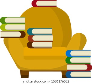 Armchair and large stack of books. Education and recreation. Reading and Hobbies. Soft furniture. brown chair. Cartoon flat illustration