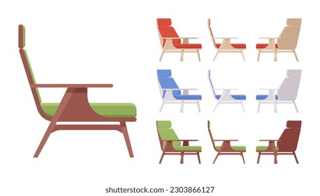 Armchair, leisure furniture big set, bright vivid colors. Living room accent, bedroom comfortable armrests, TV, nap time lounge area. Vector flat style cartoon home, office isolated, white background