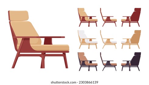 Armchair, leisure furniture big set, natural brown colors. Living room accent, bedroom comfortable armrests, TV, nap time lounge area. Vector flat style cartoon home, office isolated, white background