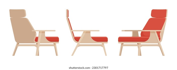 Armchair, leisure furniture set in natural brown, red. Living room accent, bedroom, comfortable armrests, TV, nap time lounge area. Vector flat style cartoon home, office isolated on white background