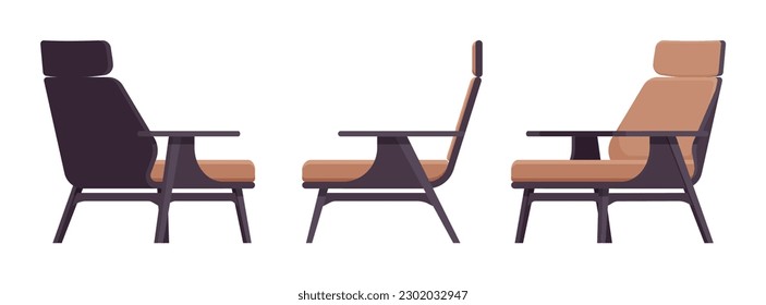 Armchair, leisure furniture set in natural brown, black. Living room accent, bedroom comfortable armrests, TV, nap time lounge area. Vector flat style cartoon home, office isolated on white background