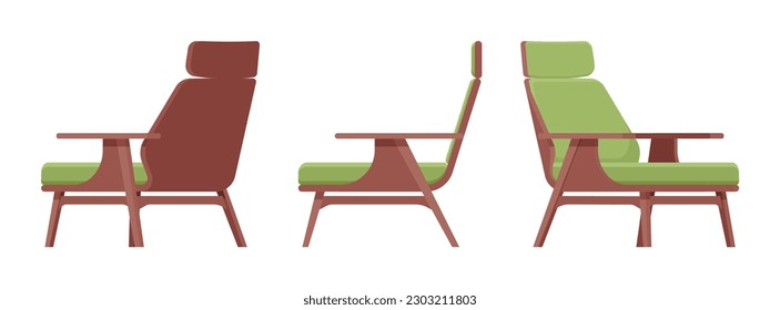 Armchair, leisure furniture set in natural brown, green. Living room accent, bedroom comfortable armrests, TV, nap time lounge area. Vector flat style cartoon home, office isolated on white background
