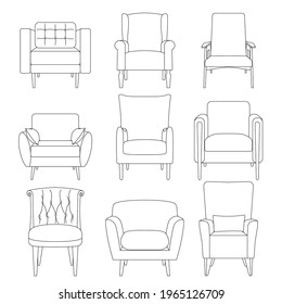 Armchair linear icons set. Furniture.  Designed interior seat thin line contour symbols. Isolated vector outline illustrations. 