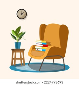 Armchair for living room with books. Interior element of the home library. Illustration of reading books, book lover hobby. Vector illustration.