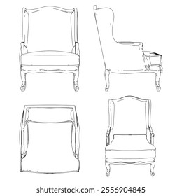 Armchair for the living room hand-painted in different sizes and types, Elegant baroque and classical designs. Vector Illustration with Front, Side, and Top Views