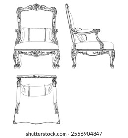 Armchair for the living room hand-painted in different sizes and types, Elegant baroque and classical designs. Vector Illustration with Front, Side, and Top Views