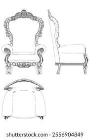 Armchair for the living room hand-painted in different sizes and types, Elegant baroque and classical designs. Vector Illustration with Front, Side, and Top Views