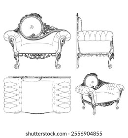 Armchair for the living room hand-painted in different sizes and types, Elegant baroque and classical designs. Vector Illustration with Front, Side, and Top Views