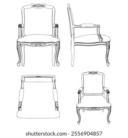 Armchair for the living room hand-painted in different sizes and types, Elegant baroque and classical designs. Vector Illustration with Front, Side, and Top Views