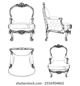 Armchair for the living room hand-painted in different sizes and types, Elegant baroque and classical designs. Vector Illustration with Front, Side, and Top Views