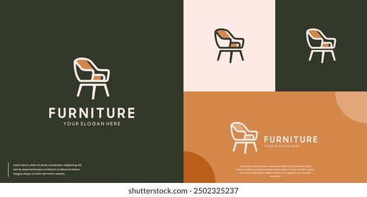 Interior del logotipo del sillón, arte de línea de estilo minimalista, Plantilla de diseño de Vector.